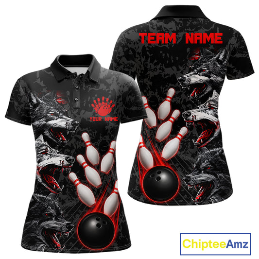 Custom Black And Red Thunder Bowling Team Shirts For Women Funny Wolfs Bowling Tournament Jerseys NYN4016