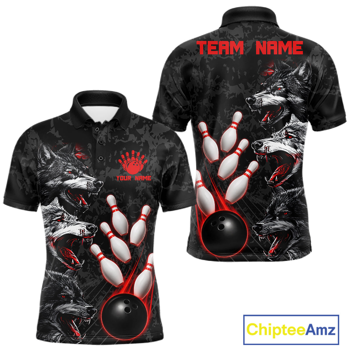 Custom Black And Red Thunder Bowling Team Shirts For Men Funny Wolfs Bowling Tournament Jerseys NYN4016