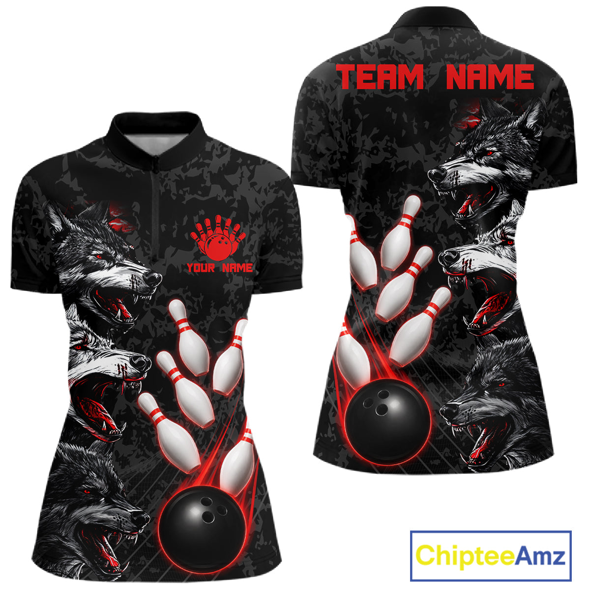 Custom Black And Red Thunder Bowling Team Shirts For Women Funny Wolfs Bowling Tournament Jerseys NYN4016