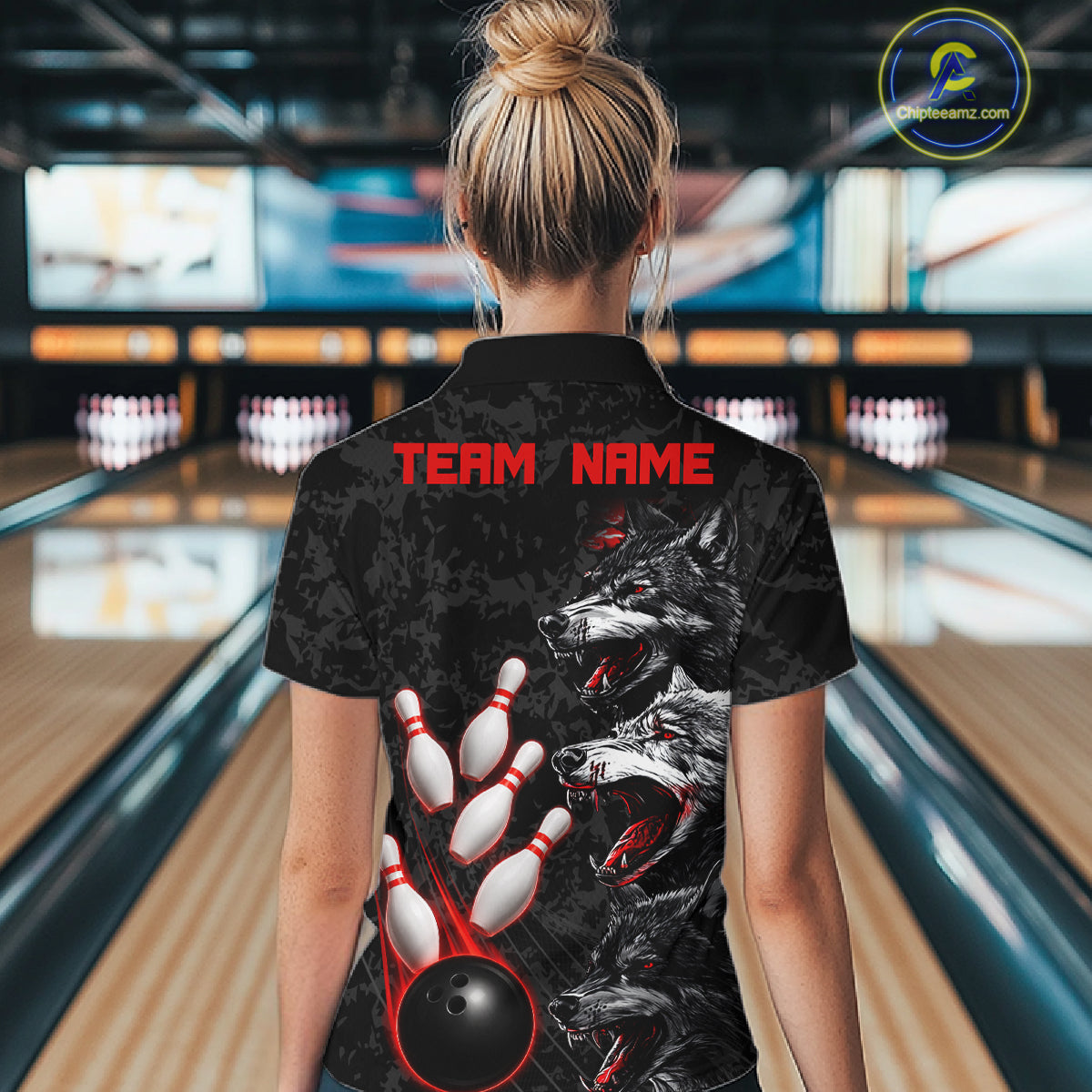 Custom Black And Red Thunder Bowling Team Shirts For Women Funny Wolfs Bowling Tournament Jerseys NYN4016