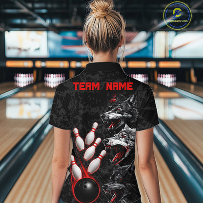 Custom Black And Red Thunder Bowling Team Shirts For Women Funny Wolfs Bowling Tournament Jerseys NYN4016