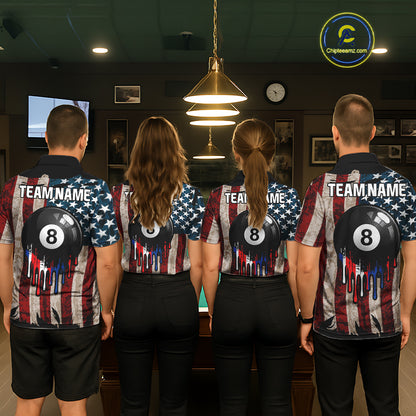 American Flag Retro Mens Billiard Pool Shirt Custom 8 Ball Dripping Patriot Billiards Team Jerseys NYN4018