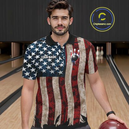 USA Flag Retro Patriot Bowling Team Shirt Custom Dripping Bowling Pins & Ball Mens Bowling Jersey NYN4019
