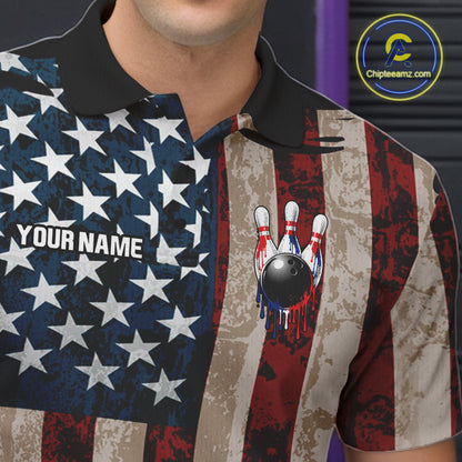 USA Flag Retro Patriot Bowling Team Shirt Custom Dripping Bowling Pins & Ball Mens Bowling Jersey NYN4019