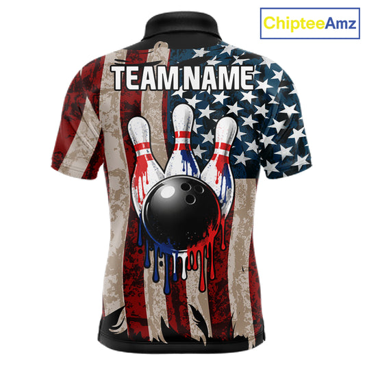 USA Flag Retro Patriot Bowling Team Shirt Custom Dripping Bowling Pins & Ball Mens Bowling Jersey NYN4019