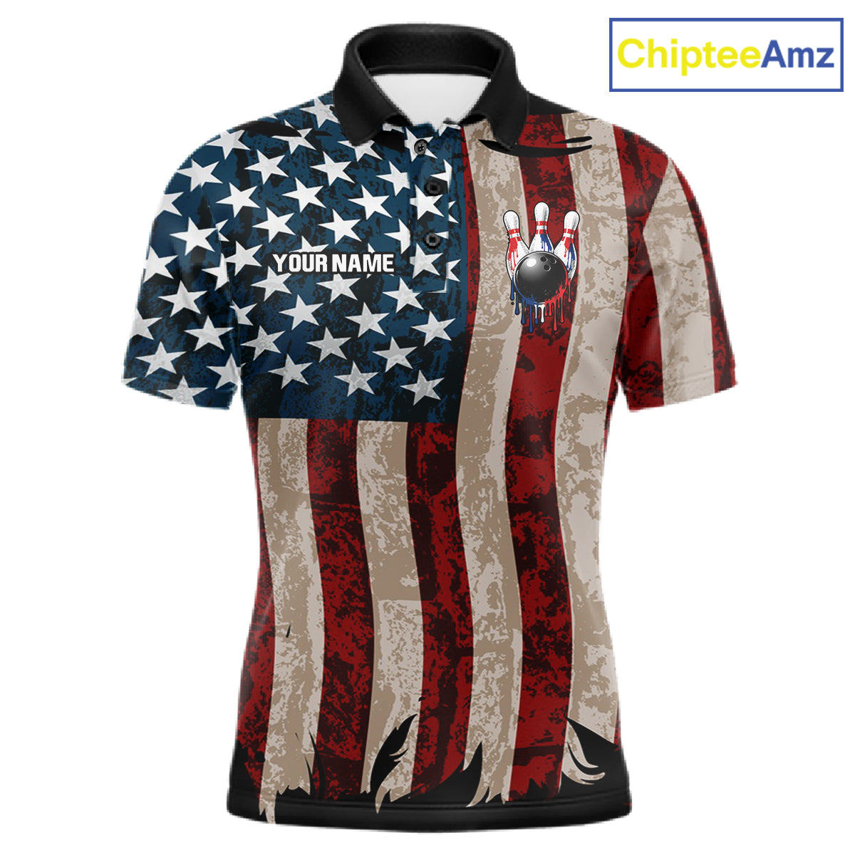 USA Flag Retro Patriot Bowling Team Shirt Custom Dripping Bowling Pins & Ball Mens Bowling Jersey NYN4019