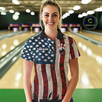 USA Flag Retro Patriot Bowling Team Shirt Custom Dripping Bowling Pins & Ball Womens Bowling Jersey NYN4019