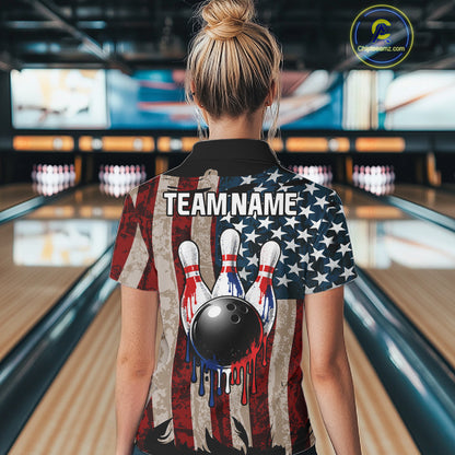 USA Flag Retro Patriot Bowling Team Shirt Custom Dripping Bowling Pins & Ball Womens Bowling Jersey NYN4019