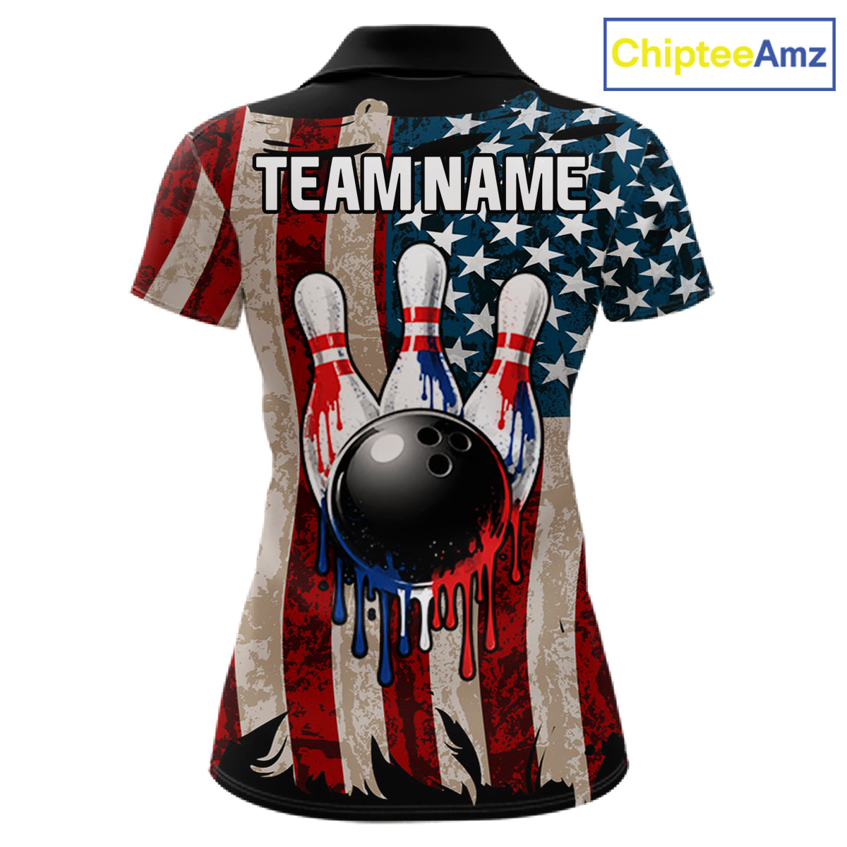 USA Flag Retro Patriot Bowling Team Shirt Custom Dripping Bowling Pins & Ball Womens Bowling Jersey NYN4019