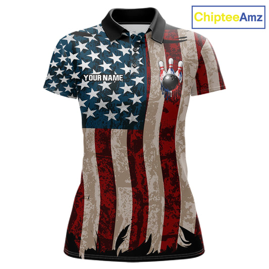 USA Flag Retro Patriot Bowling Team Shirt Custom Dripping Bowling Pins & Ball Womens Bowling Jersey NYN4019