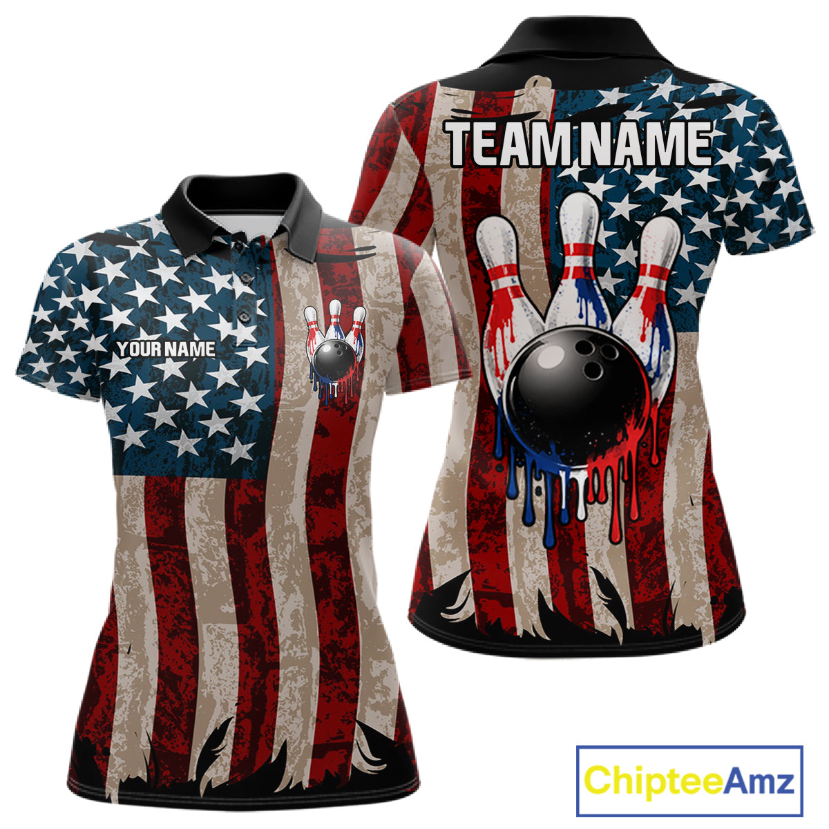 USA Flag Retro Patriot Bowling Team Shirt Custom Dripping Bowling Pins & Ball Womens Bowling Jersey NYN4019