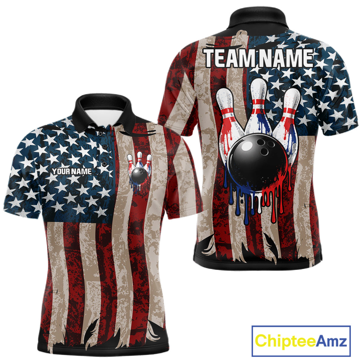 USA Flag Retro Patriot Bowling Team Shirt Custom Dripping Bowling Pins & Ball Mens Bowling Jersey NYN4019
