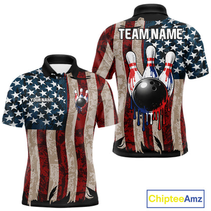USA Flag Retro Patriot Bowling Team Shirt Custom Dripping Bowling Pins & Ball Mens Bowling Jersey NYN4019