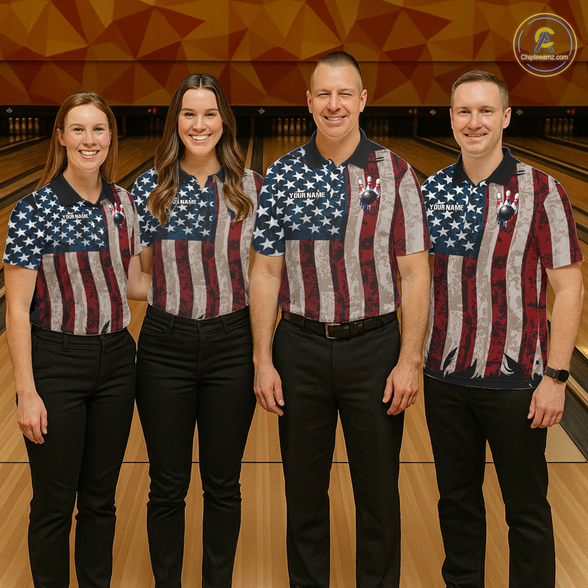 USA Flag Retro Patriot Bowling Team Shirt Custom Dripping Bowling Pins & Ball Womens Bowling Jersey NYN4019