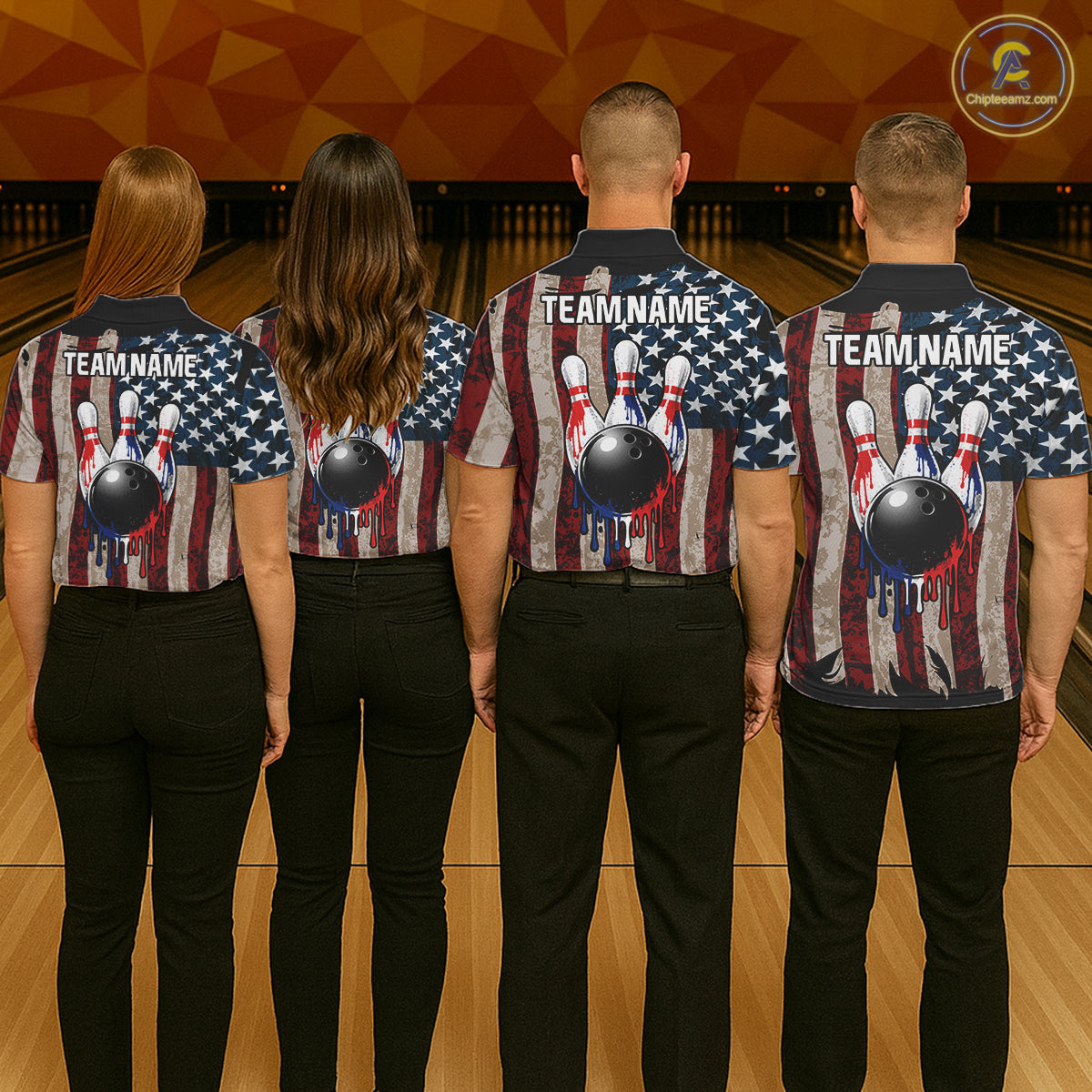 USA Flag Retro Patriot Bowling Team Shirt Custom Dripping Bowling Pins & Ball Womens Bowling Jersey NYN4019