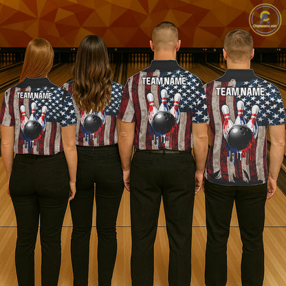 USA Flag Retro Patriot Bowling Team Shirt Custom Dripping Bowling Pins & Ball Womens Bowling Jersey NYN4019