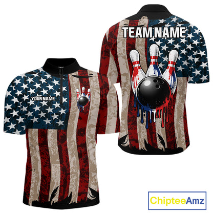 USA Flag Retro Patriot Bowling Team Shirt Custom Dripping Bowling Pins & Ball Mens Bowling Jersey NYN4019