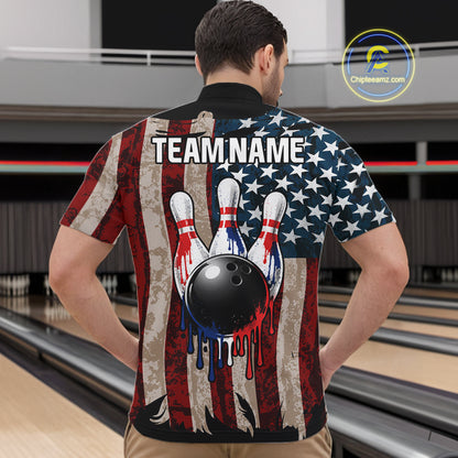USA Flag Retro Patriot Bowling Team Shirt Custom Dripping Bowling Pins & Ball Mens Bowling Jersey NYN4019