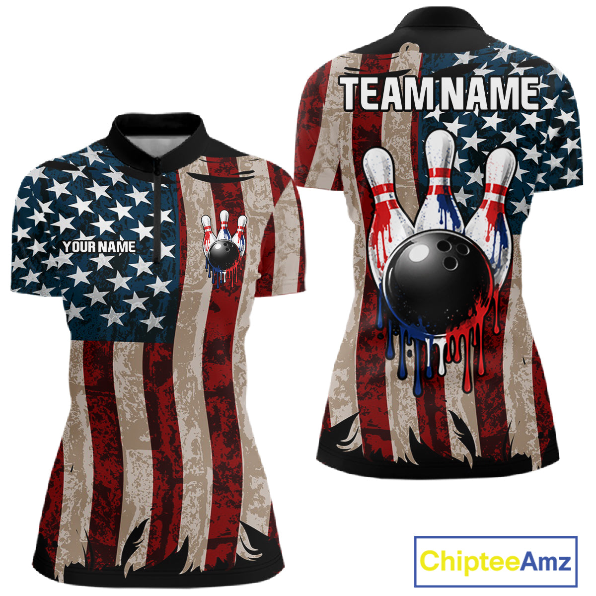 USA Flag Retro Patriot Bowling Team Shirt Custom Dripping Bowling Pins & Ball Womens Bowling Jersey NYN4019
