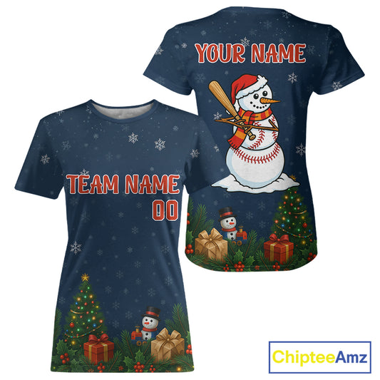 Custom Snowman Merry Christmas Baseball T-Shirt For Women Youth Xmas Baseball Jerseys NYN1388