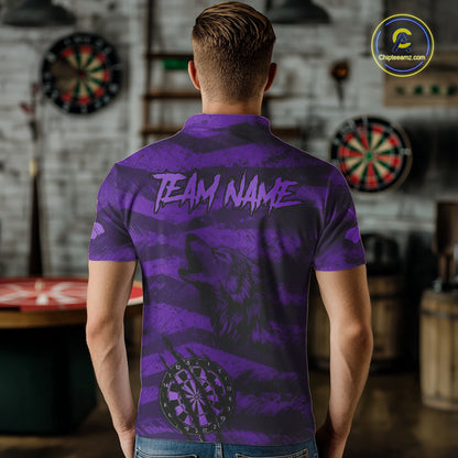 Custom Purple Grunge Wolf Torn Dartboard Men Darts Polo Shirt Wolf Dart League Jerseys NYN2167