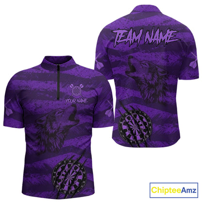 Custom Purple Grunge Wolf Torn Dartboard Men Darts Quarter-Zip Shirt Wolf Dart League Jerseys NYN2167