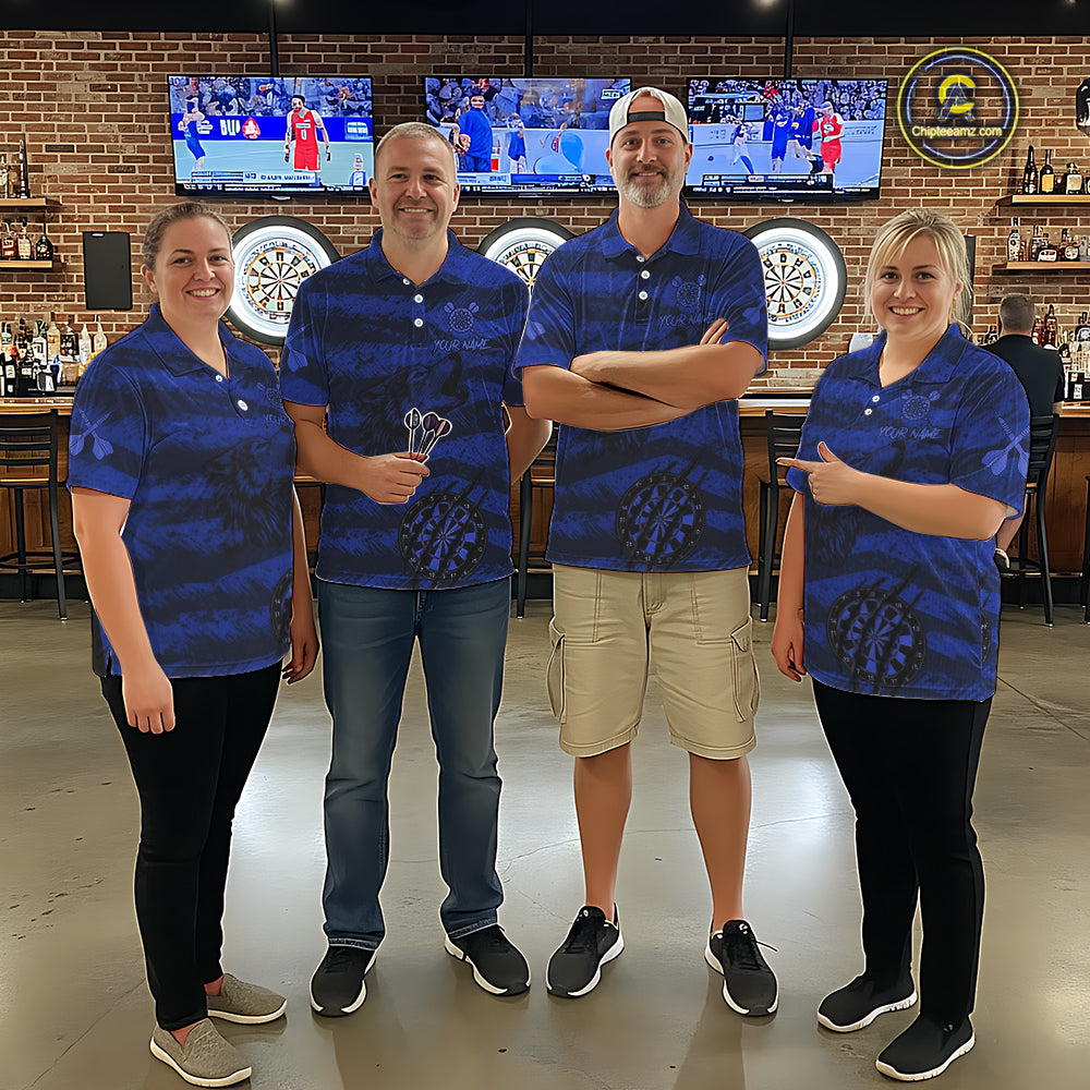 Custom Blue Grunge Wolf Torn Dartboard Men Darts Polo Shirt Wolf Dart League Jerseys NYN2168