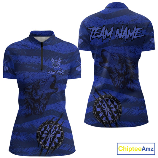 Custom Blue Grunge Wolf Torn Dartboard Women Darts Quarter-Zip Shirt Wolf Dart League Jerseys NYN2168