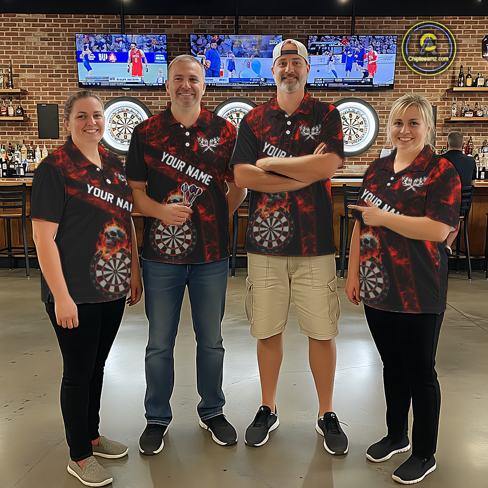 Custom Black & Red Flaming Skull Darts Polo Shirt For Men Skull Dart League Jerseys NYN2169