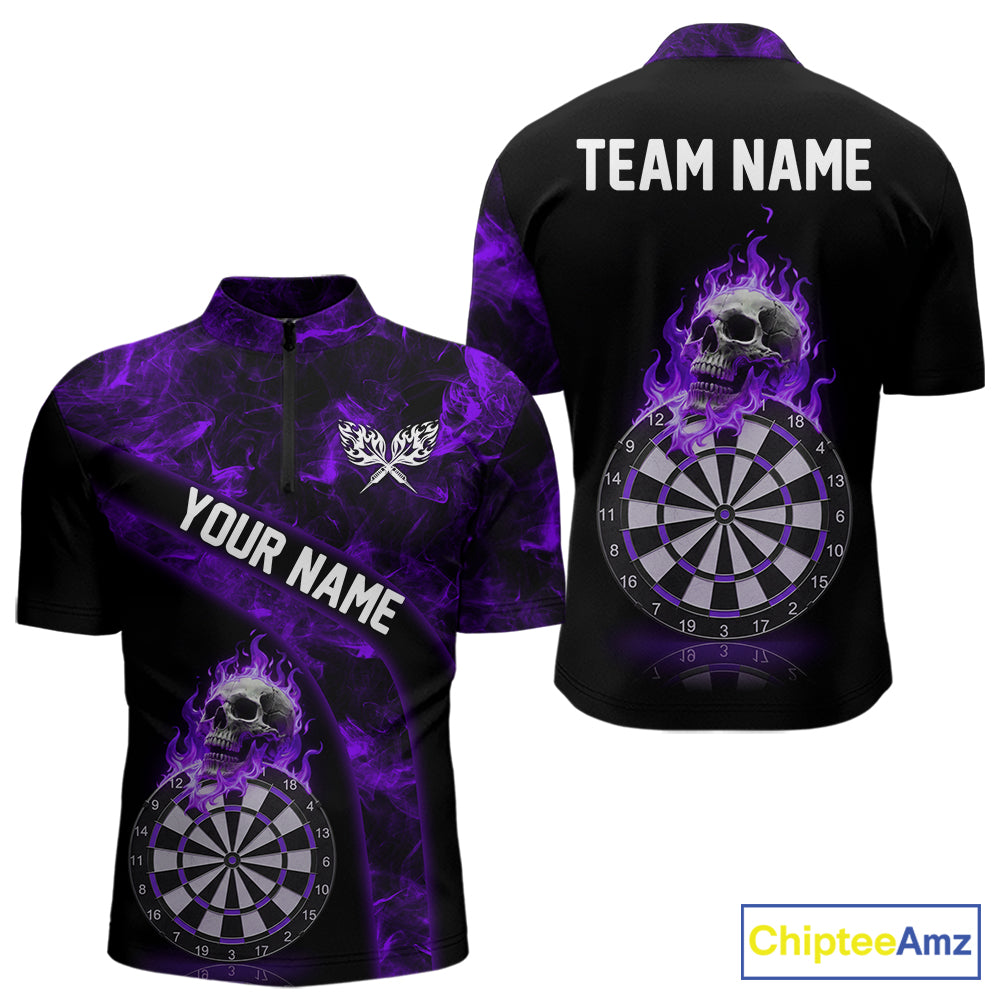 Custom Black & Purple Flaming Skull Darts Quarter-Zip Shirt For Men Skull Dart League Jerseys NYN2170