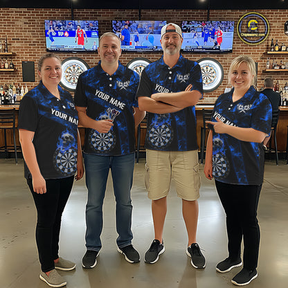 Custom Black & Blue Flaming Skull Darts Polo Shirt For Men Skull Dart League Jerseys NYN2171