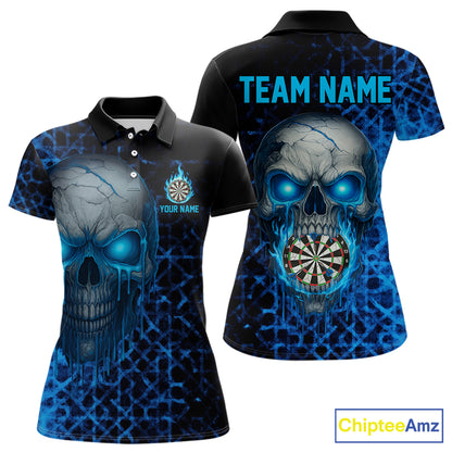 Custom Blue Dripping Skull Darts Polo Shirt For Women Fire Flame Skull Dart League Jerseys NYN2173