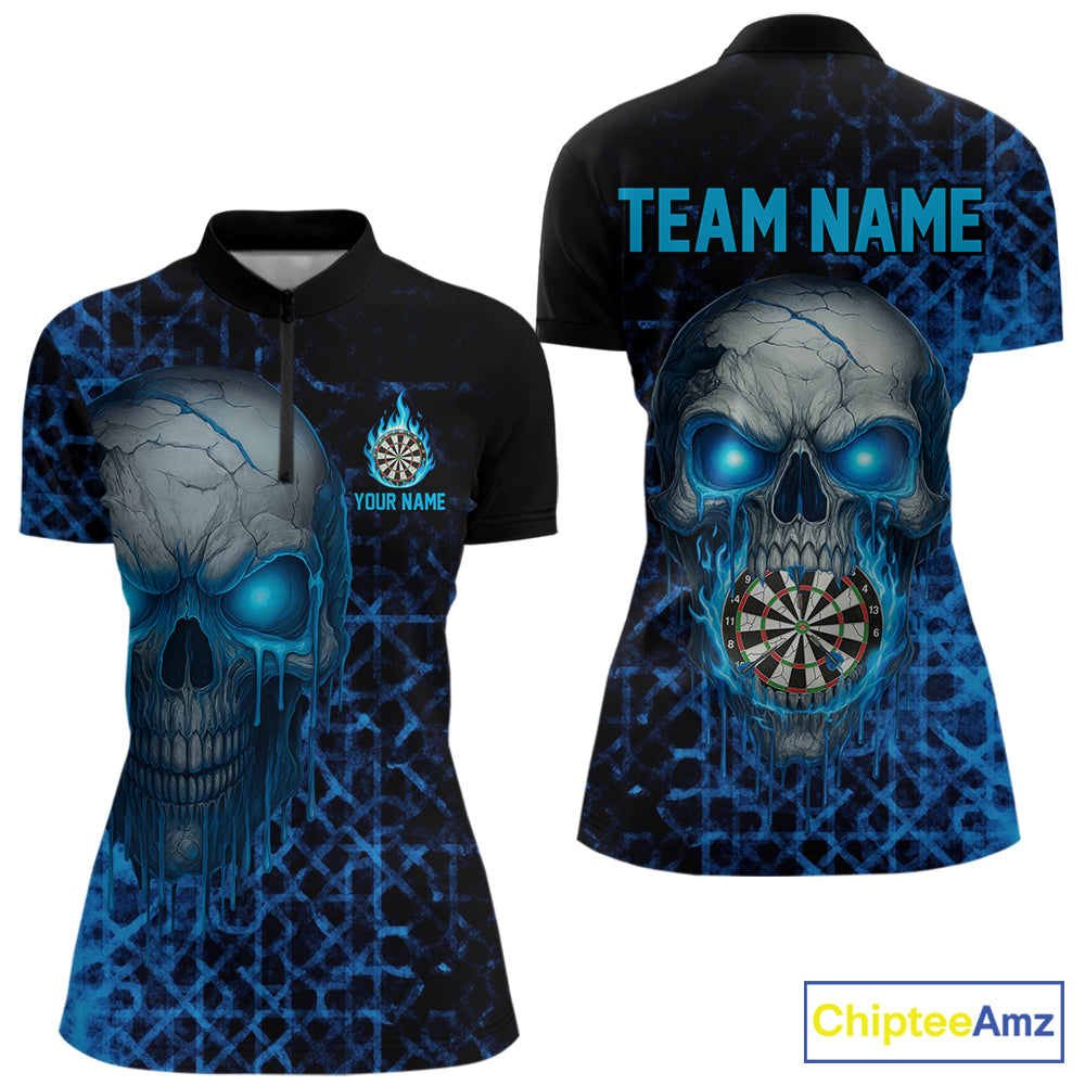 Custom Blue Dripping Skull Darts Quarter-Zip Shirt For Women Fire Flame Skull Dart League Jerseys NYN2173