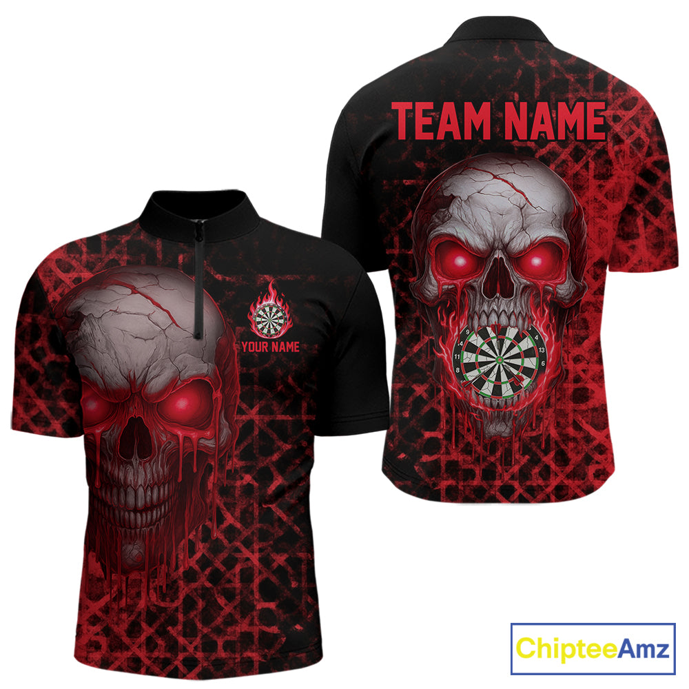 Custom Red Dripping Skull Darts Quarter-Zip Shirt For Men Fire Flame Skull Dart League Jerseys NYN2175