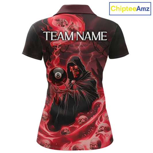 Grim Reaper Red Flames 8 Ball Pool Women Polo & 1/4-Zip Shirt Personalized Skull Billiard Gifts NYN2433