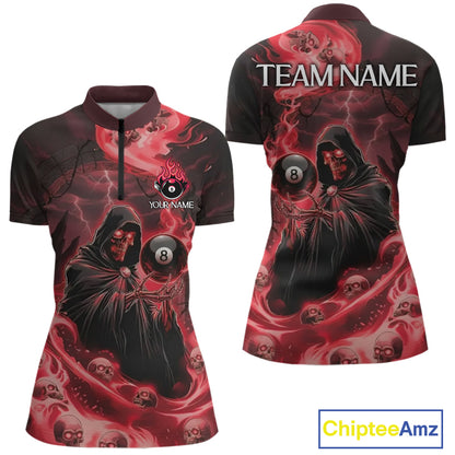 Grim Reaper Red Flames 8 Ball Pool Women Polo & 1/4-Zip Shirt Personalized Skull Billiard Gifts NYN2433