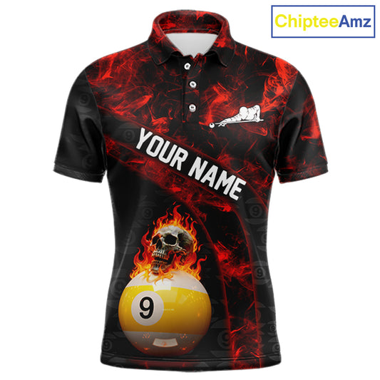 Fire Skull 9 Ball Pool Billiard Team Shirt For Men Custom Red Flames Billiard Ball & Cue Gifts NYN2437