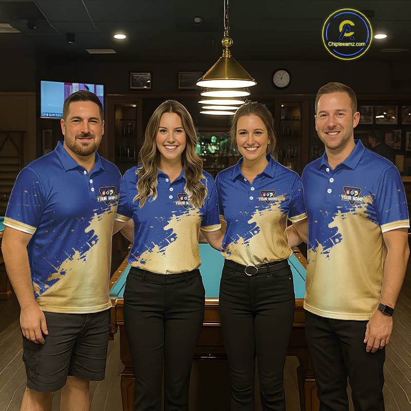 Gold Blue Splatter Billiard Custom Men Billiard Polo & 1/4-Zip Shirts Pool Billiard Team Jerseys NYN3013