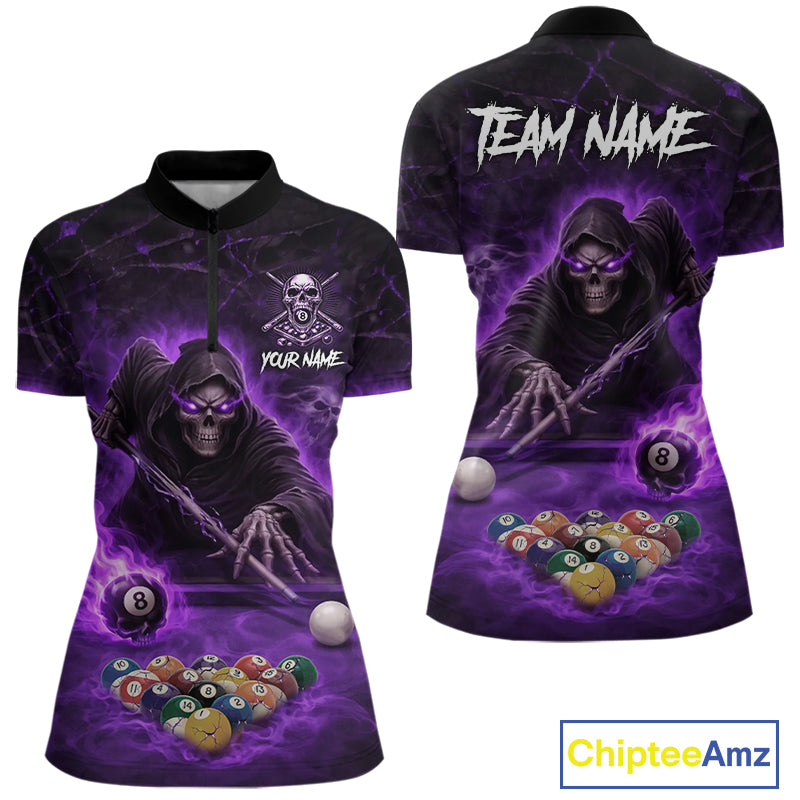 Grim Reaper Plays Billiard Pool Women Billiard Shirts Custom Flame Skull 8 Ball Billiard Team Attire NYN3017