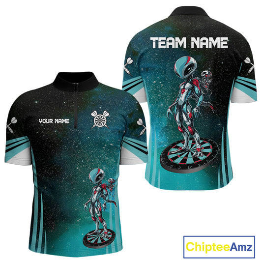 Turquoise Pattern Alien And Dartboards Custom Dart Shirts For Men, Dart Jerseys NYN0239