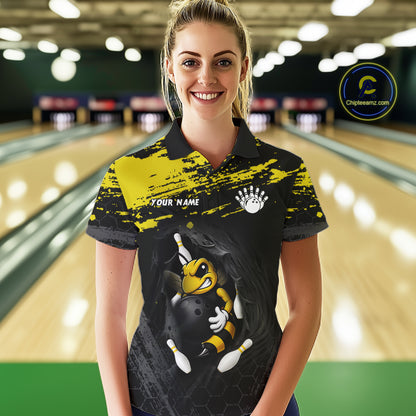 Custom Angry Bee Bowling Shirt Funny Bowling Team League Yellow Grunge Bowling Jersey For Women NYN3193