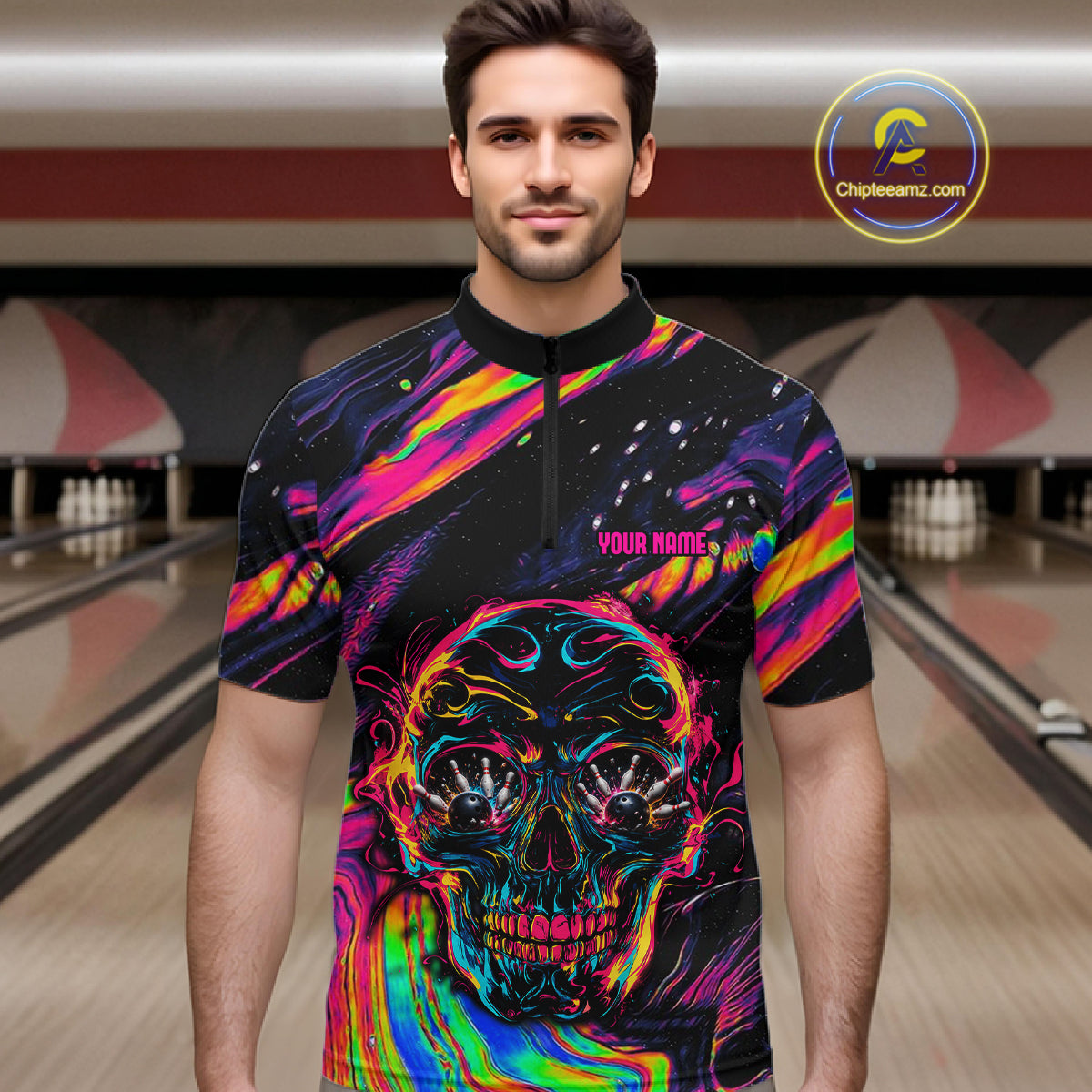 Custom Skull Holographic Bowling Shirt Bowling Team League Colorful Splatter Bowling Shirt For Men  NYN3194