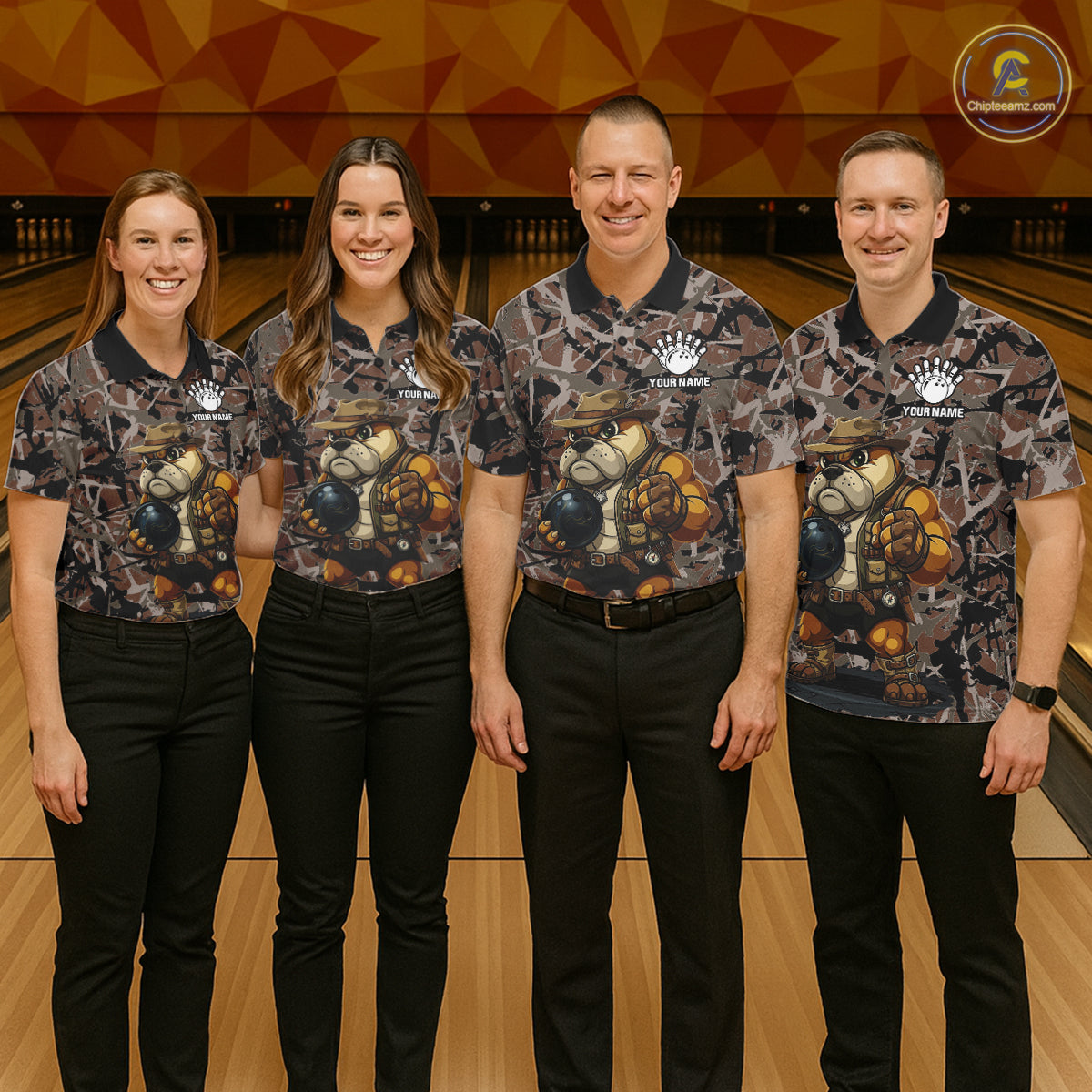 Hunting Bulldog Bowling Shirts For Women Custom Camo Bowling Team Jerseys Funny Bowling Attire NYN3196