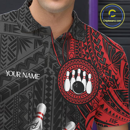 Red And Black Polynesian Tribal Bowling Ball & Pins Shirt For Men Custom Bowling Team Shirts Outfit NYN3201