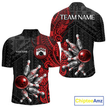 Load image into Gallery viewer, Red And Black Polynesian Tribal Bowling Ball &amp; Pins Shirt For Men Custom Bowling Team Shirts Outfit NYN3201