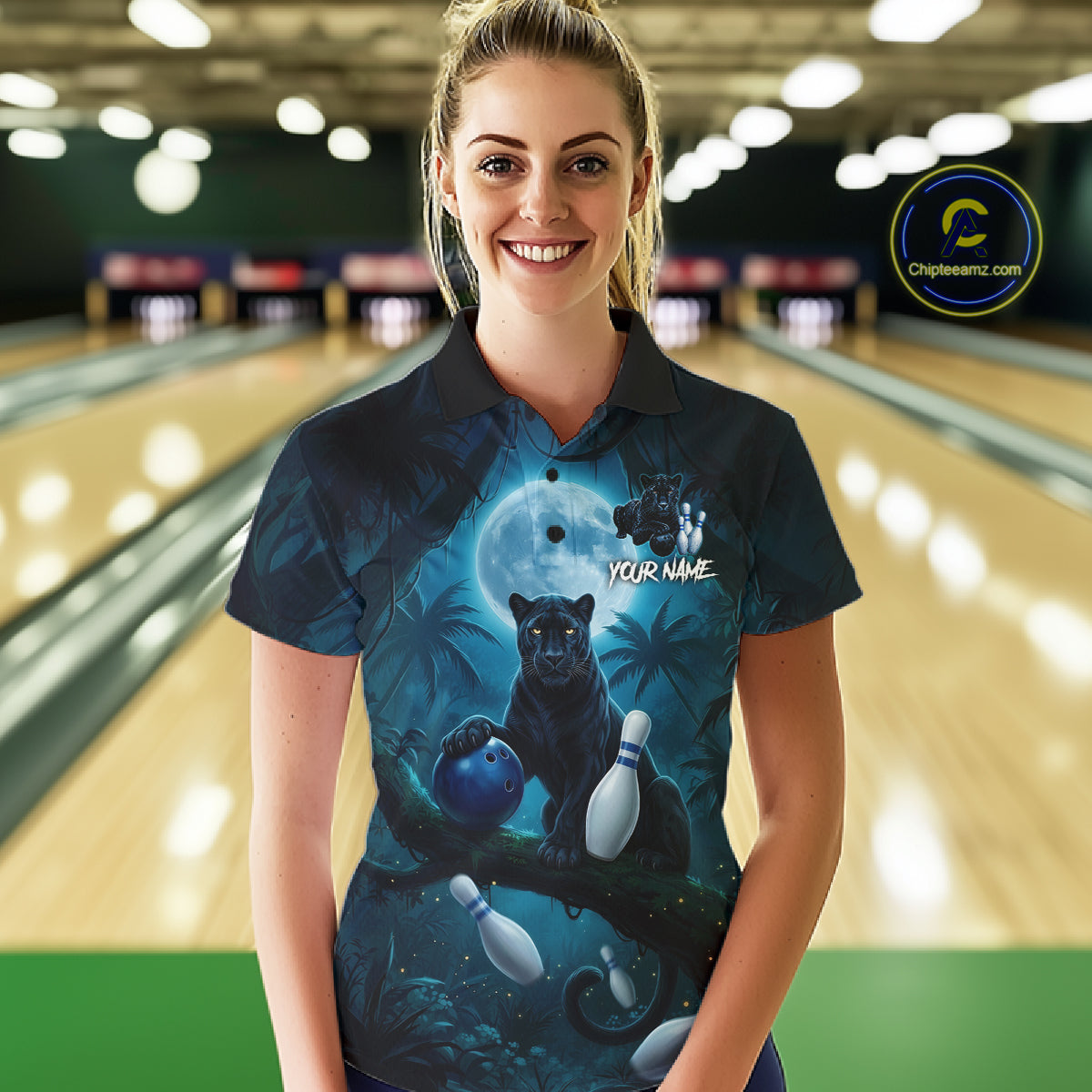 Woman wearing horror panther blue moon bowling shirt custom bowling apparel