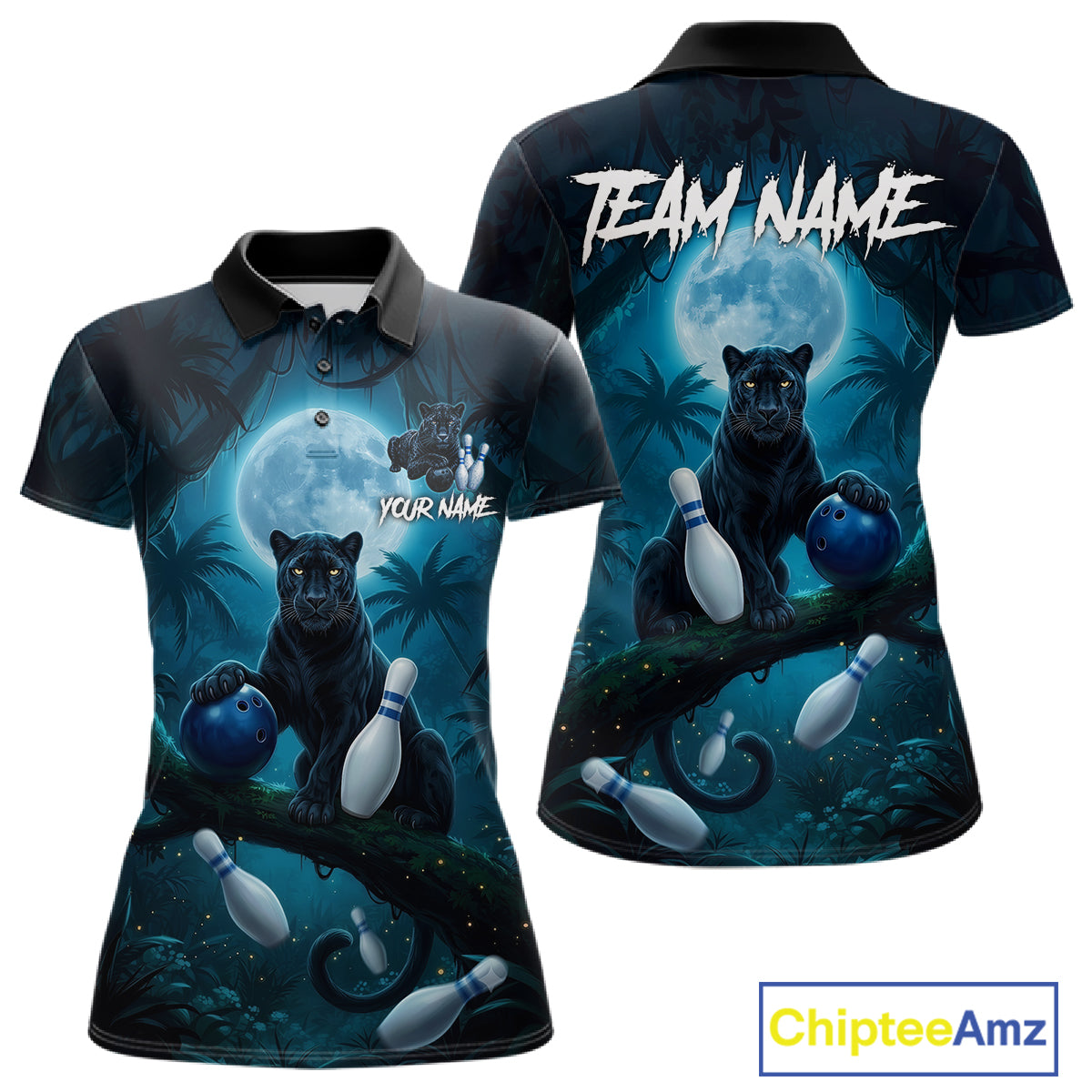 Women's horror panther blue moon bowling polo shirt custom bowling team jersey mockup
