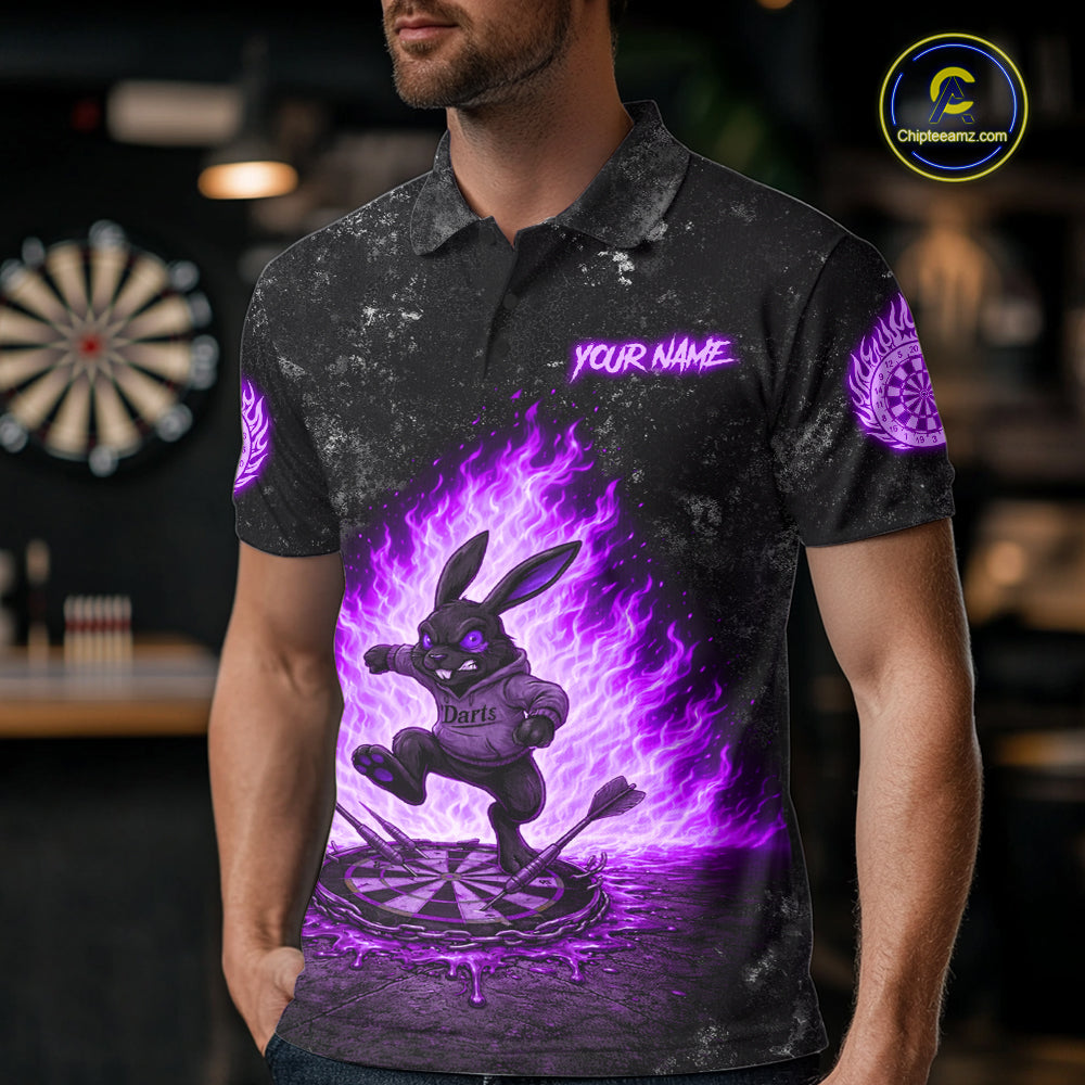 Male model wearing Crazy Rabbit Fire Flame Purple Darts Polo, Personalized Tournament Apparel
