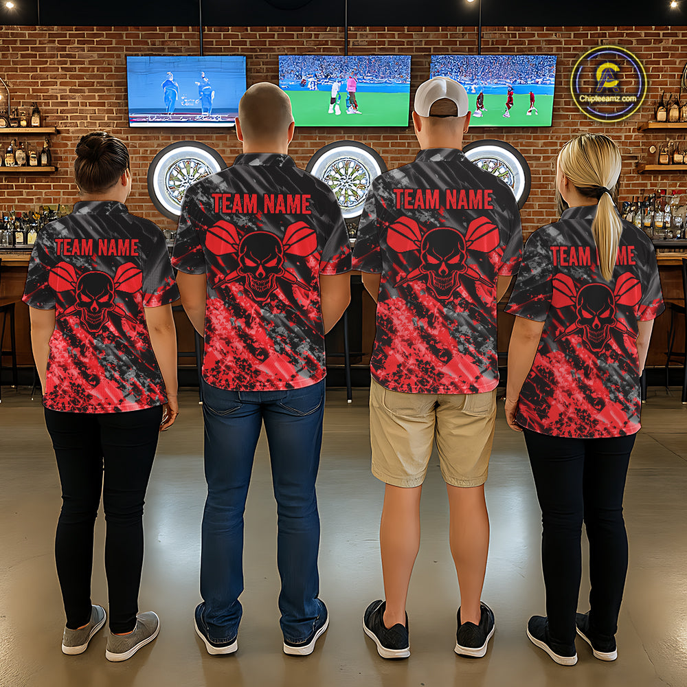Custom Streaks Red And Grey Skull Men Darts Polo Team Shirt Skull Dart League Jerseys NYN2179