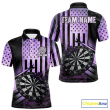 Load image into Gallery viewer, Purple US Flag Grunge Dartboard &amp; Arrow Men Darts Polo Shirts Custom Dart Team Jerseys NYN2444